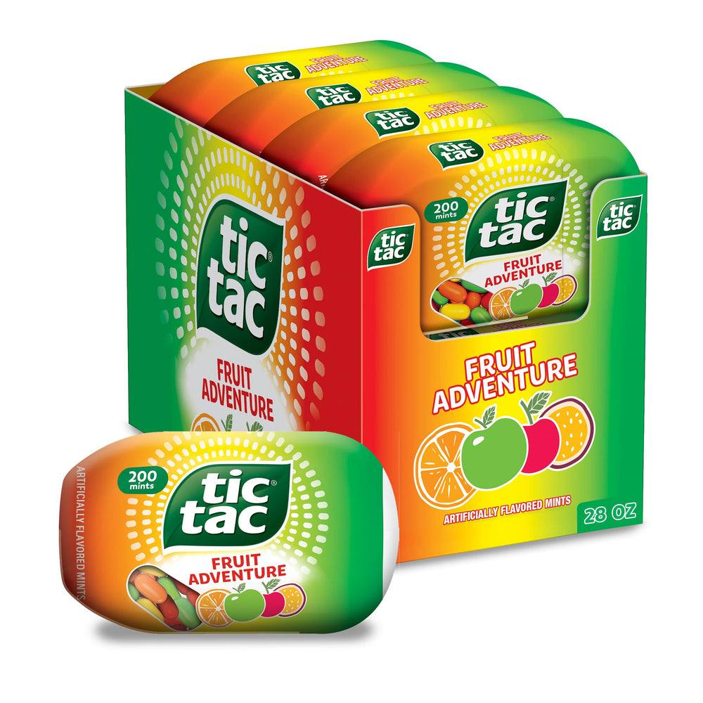 Tic Tac frente del envase mostrando diseño vibrante y portabilidad