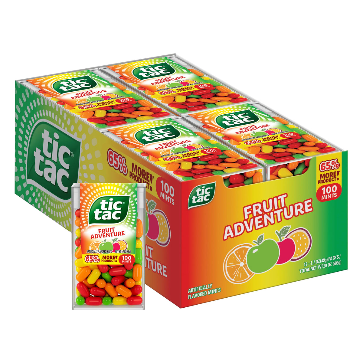 Tic Tac paquete frontal mostrando diseño y colores vibrantes para transporte rápido