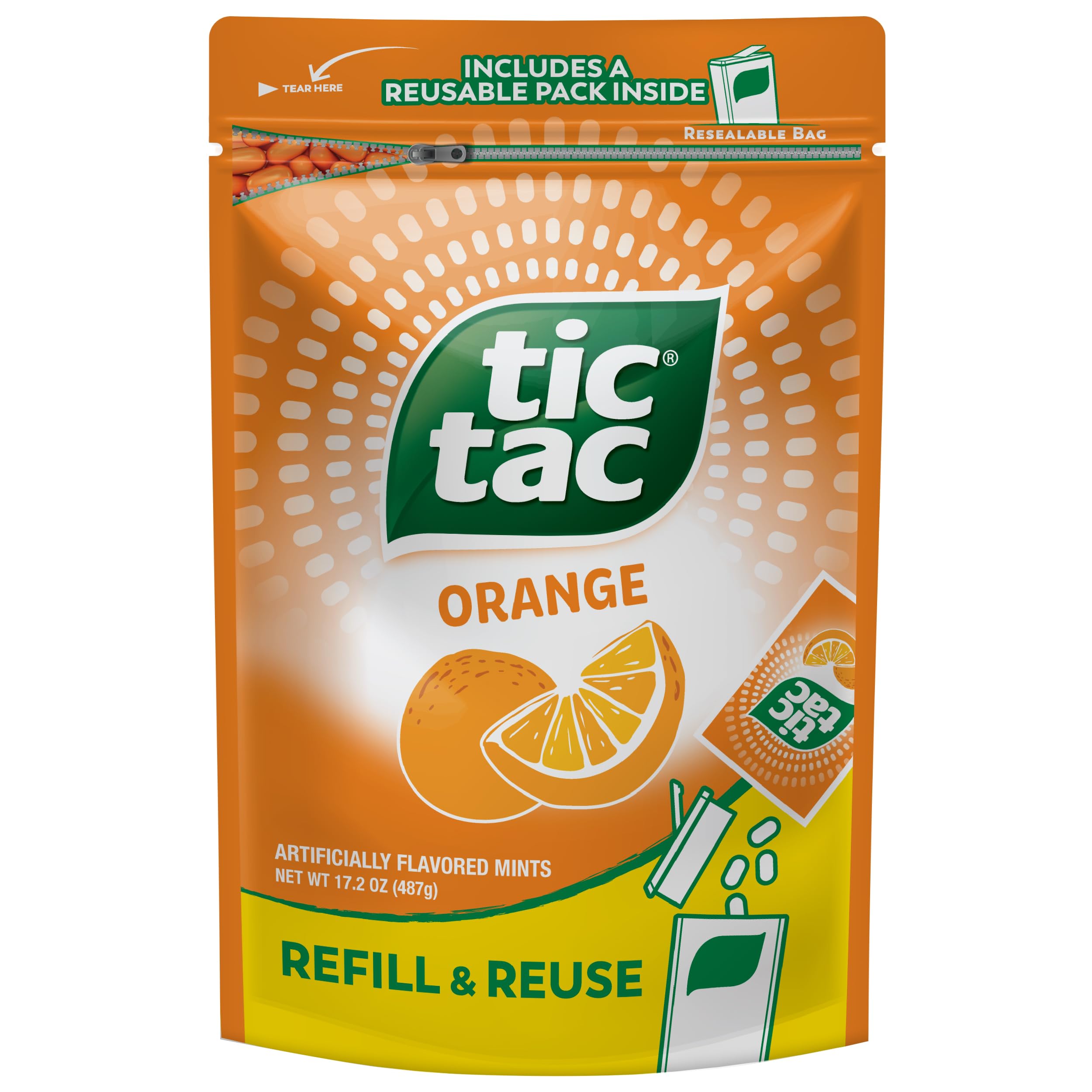 Tic Tac frente del empaque naranja muestra contenido y marca, práctico para recargar