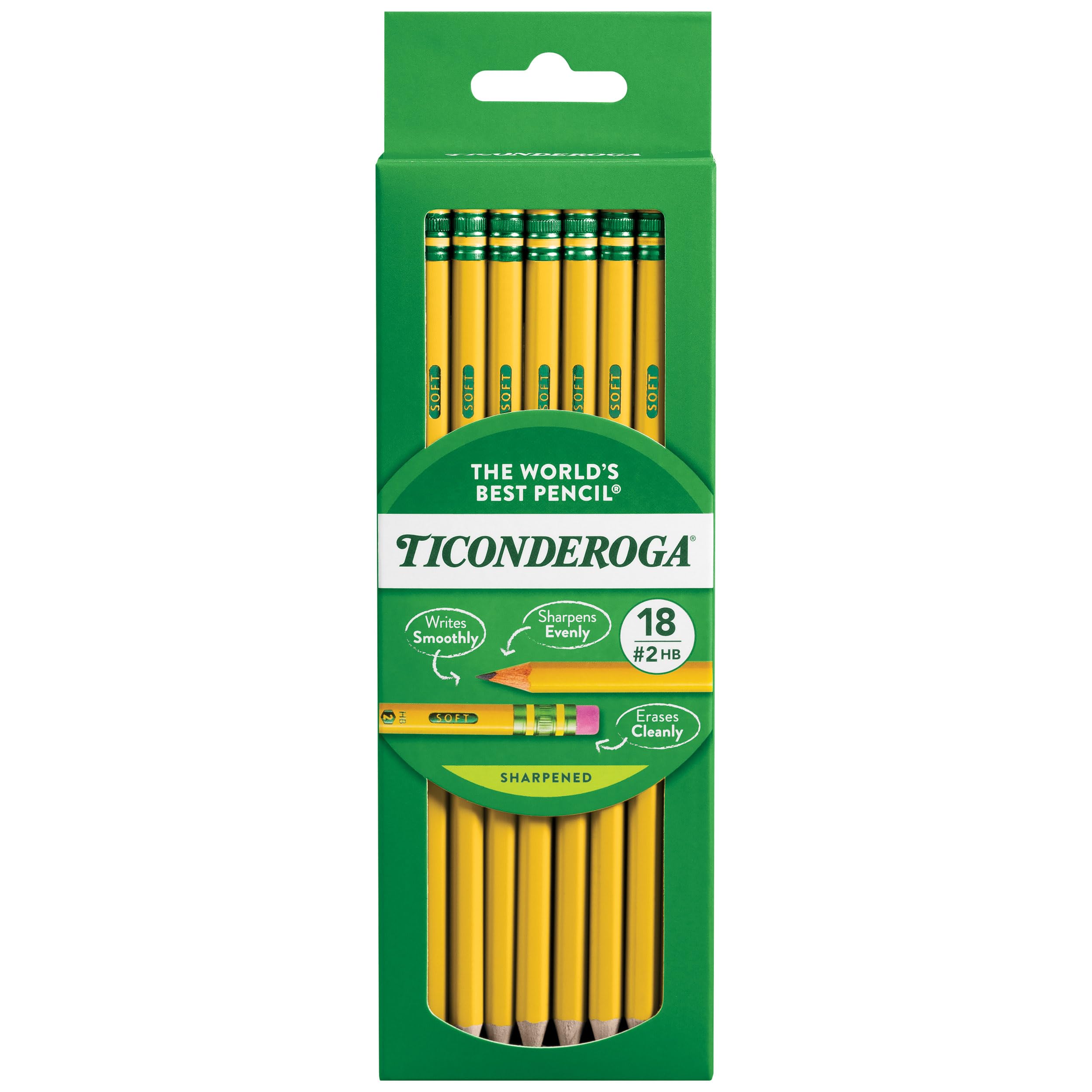 Ticonderoga frontal caja mostrando 18 lápices listos y beneficio de preparación inmediata