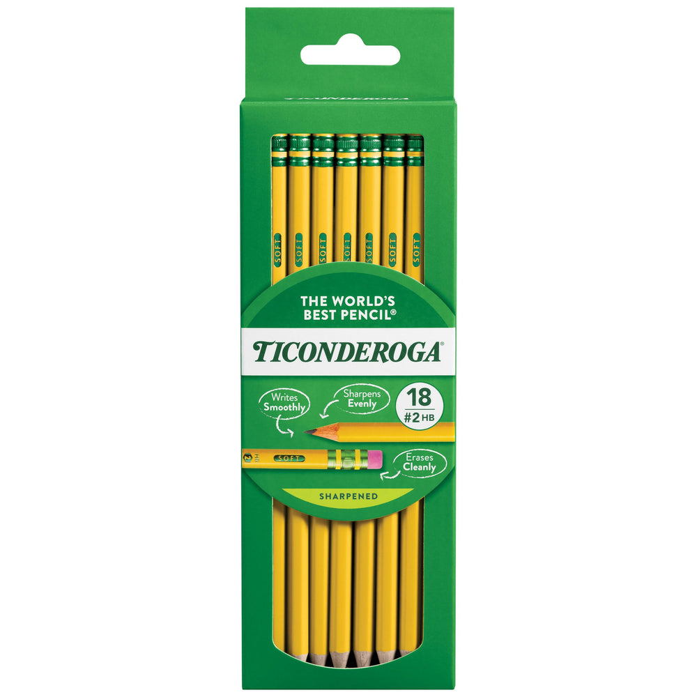 Ticonderoga frontal caja mostrando 18 lápices listos y beneficio de preparación inmediata