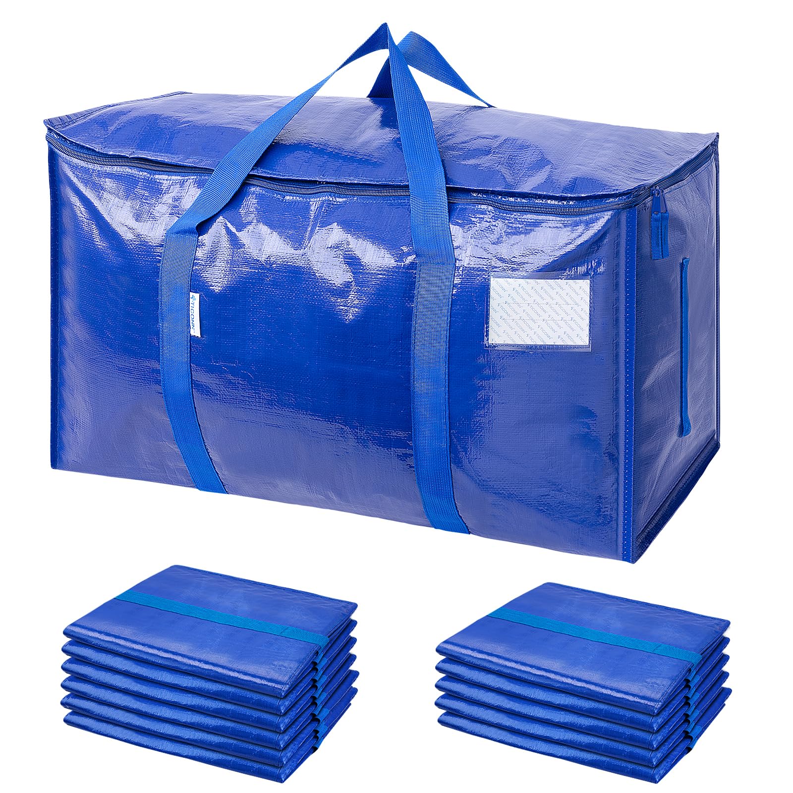 TICONN front view of 12-pack blue moving bags showing capacity and package benefit