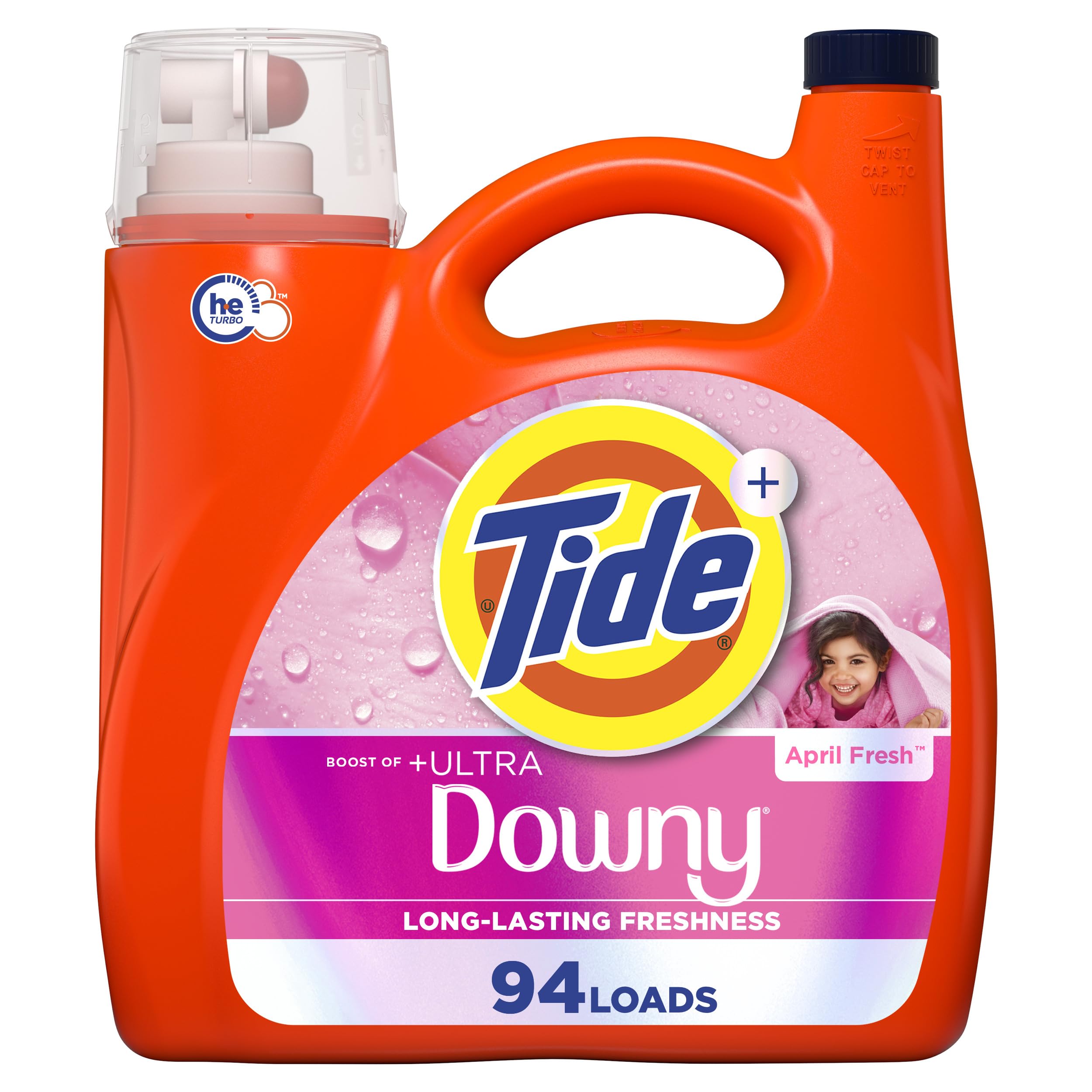 Tide botella frontal 132 fl oz mostrando rendimiento y ahorro