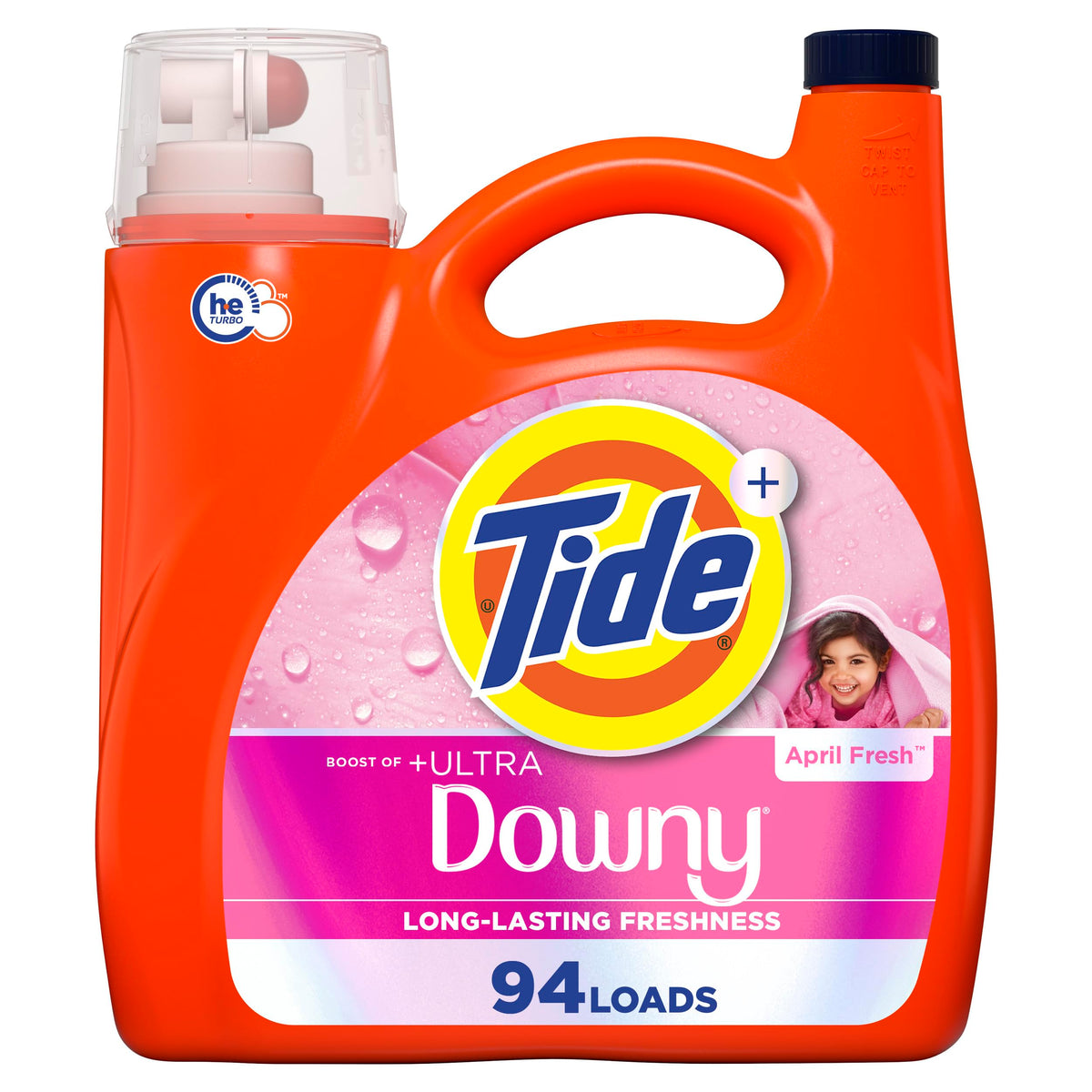 Tide botella frontal 132 fl oz mostrando rendimiento y ahorro