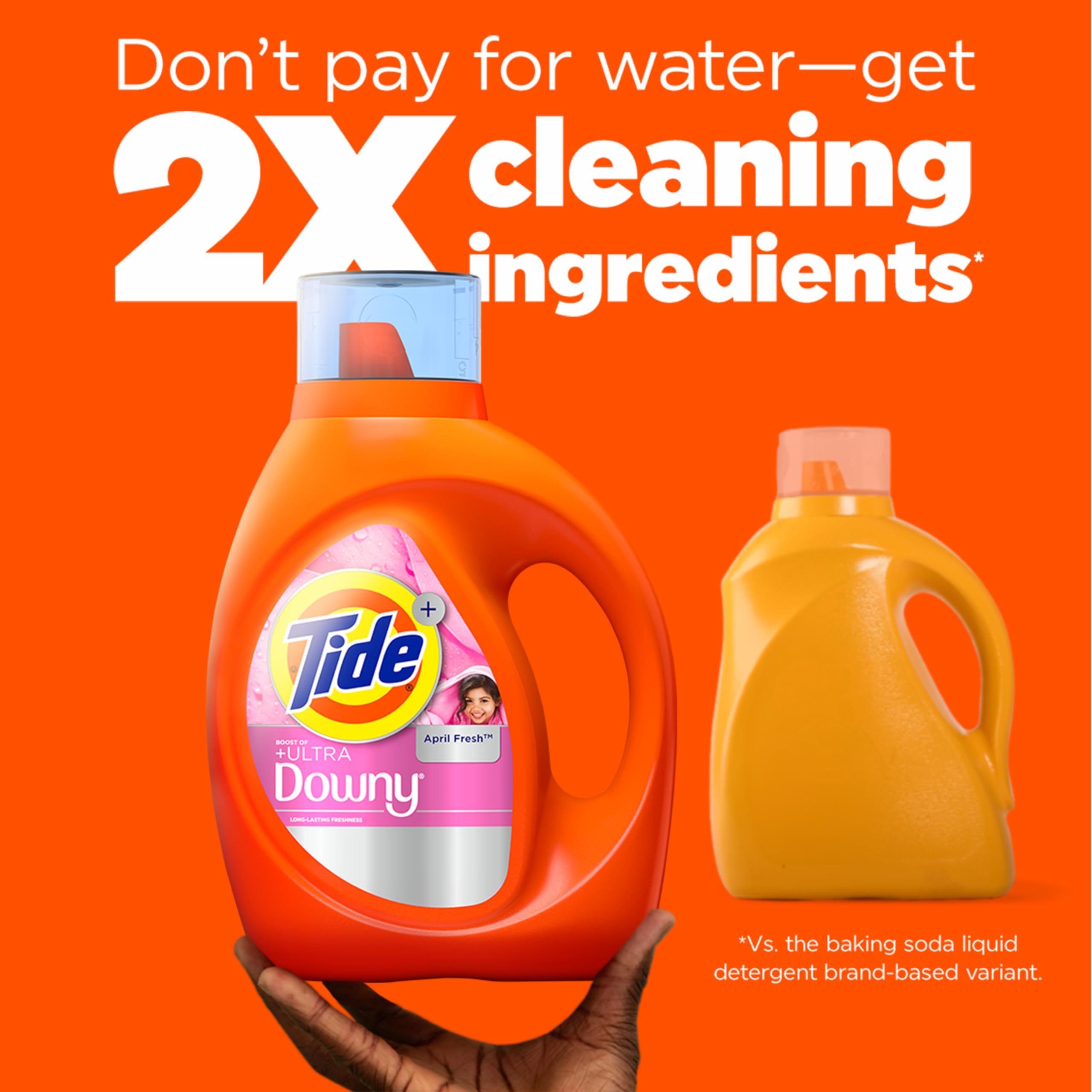 Tide comparación de tamaño indicando hasta 94 cargas por envase