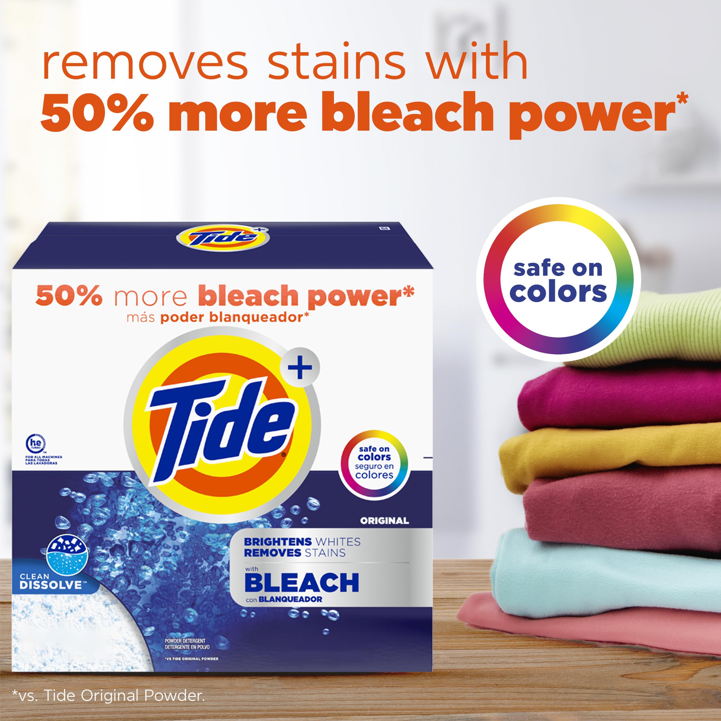 Tide detalle de etiqueta con Acti-Lift™ destacando blanqueo seguro