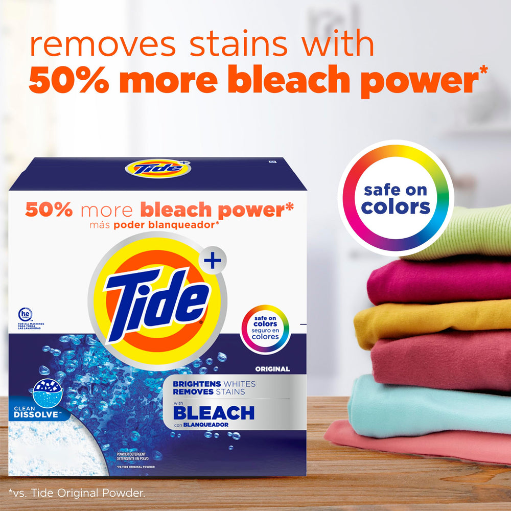 Tide detalle de etiqueta con Acti-Lift™ destacando blanqueo seguro