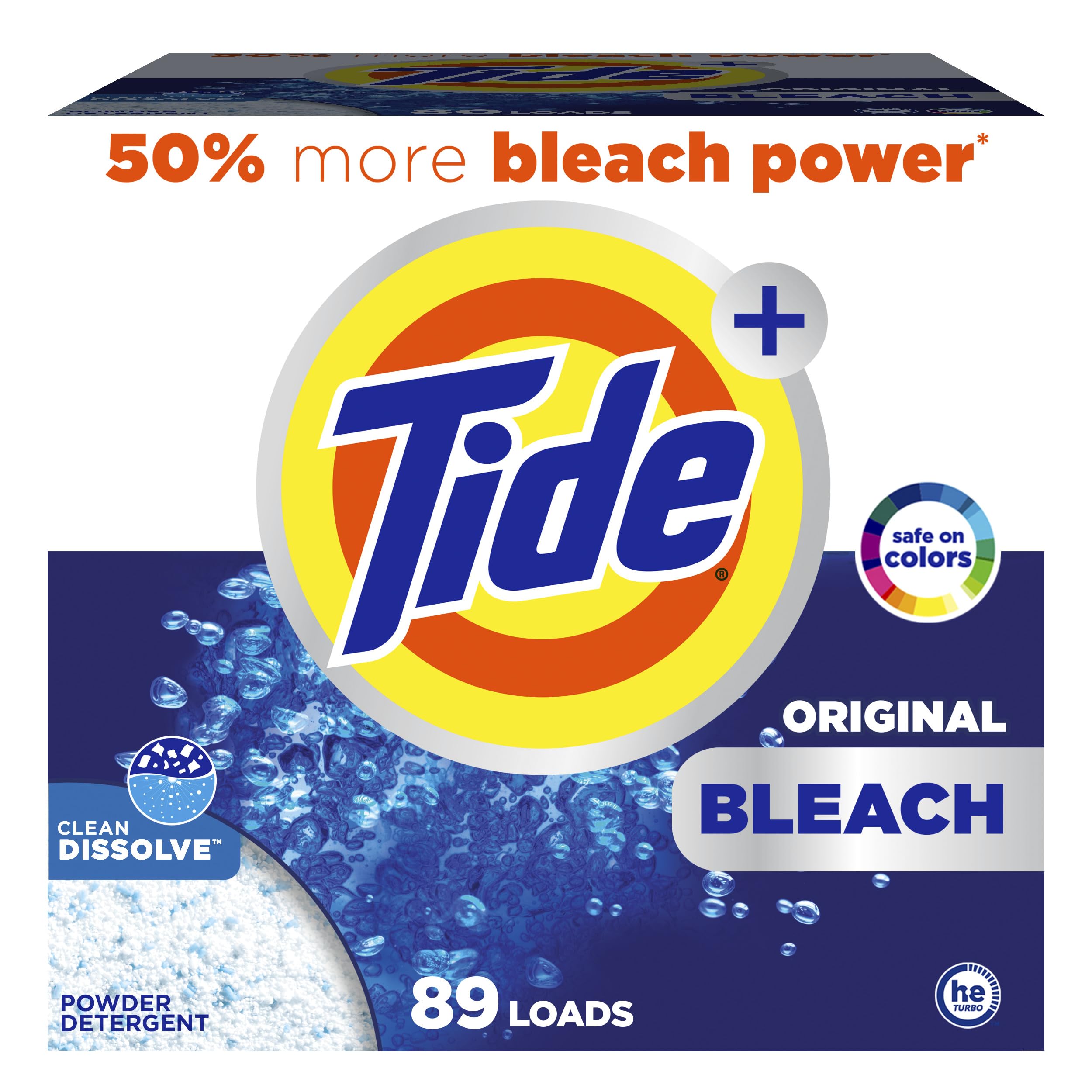 Tide envase frontal 129 oz mostrando cantidad y diseño, limpieza duradera