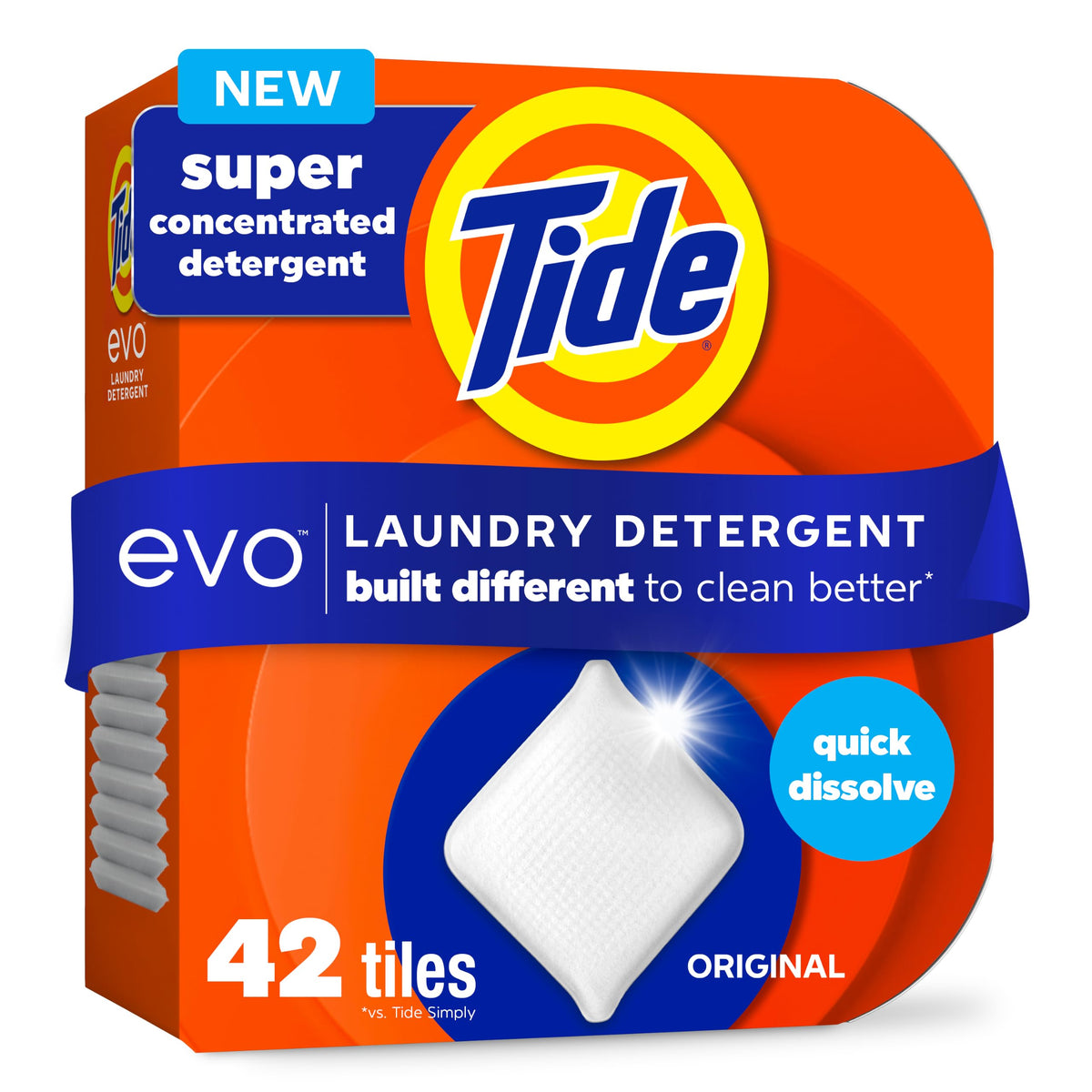 Tide evo frente del empaque mostrando caja reciclable y beneficio ecológico