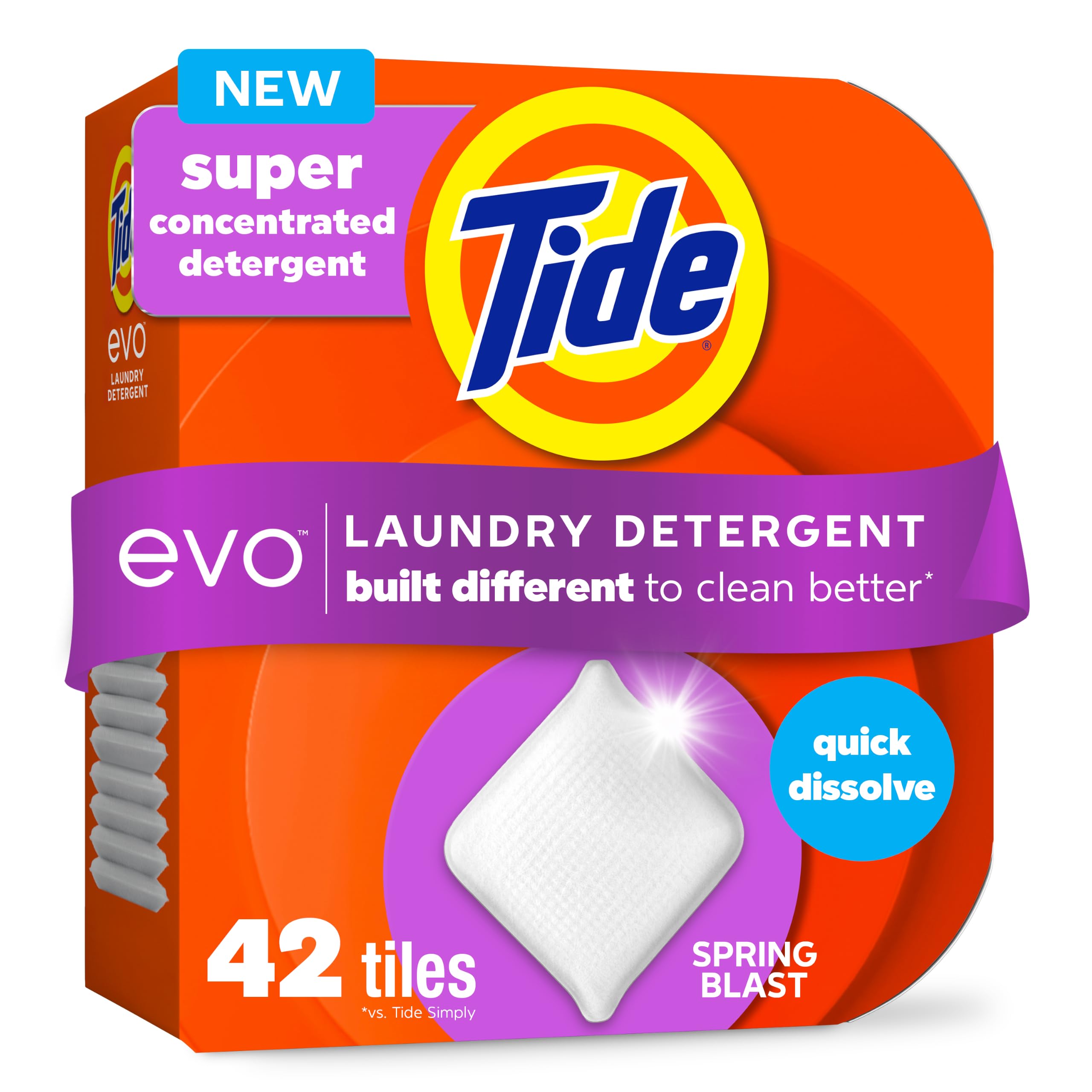 Tide evo frente del empaque mostrando caja reciclable y limpieza práctica