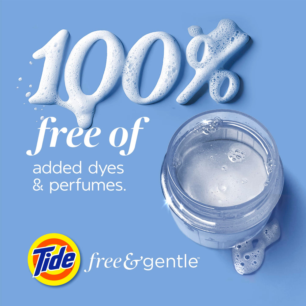 Envase de Tide Free & Gentle en un entorno doméstico resaltando uso familiar práctico
