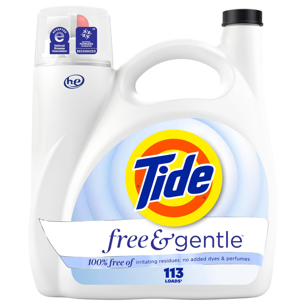 Tide Free & Gentle frontal mostrando envase grande y claridad de marca beneficios de limpieza