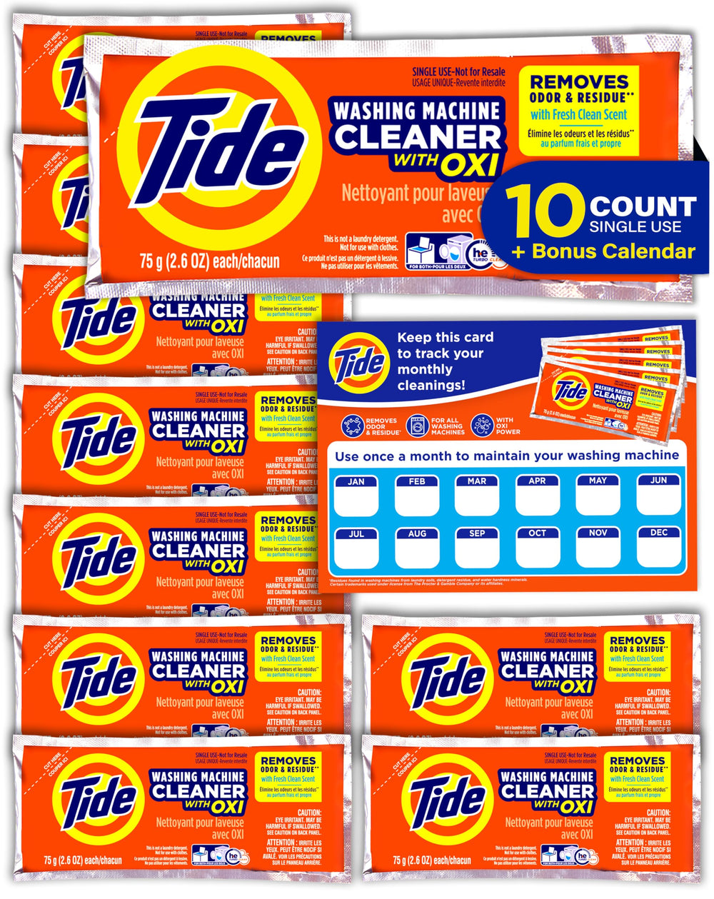 Tide frente caja y sobres mostrando facilidad de uso y suministro prolongado