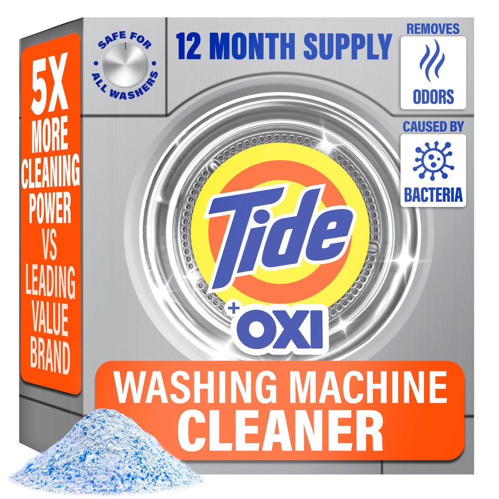 Tide paquete frontal mostrando sobres para 12 meses, limpieza fácil