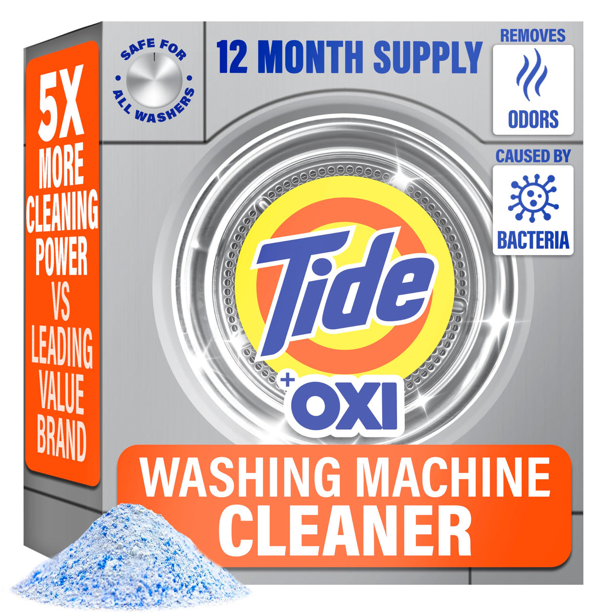 Tide paquete frontal mostrando sobres para 12 meses, limpieza fácil