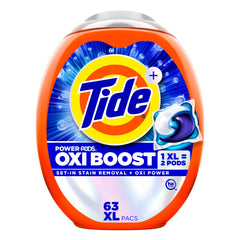 Tide envase frontal mostrando 63 pods y conveniencia de uso