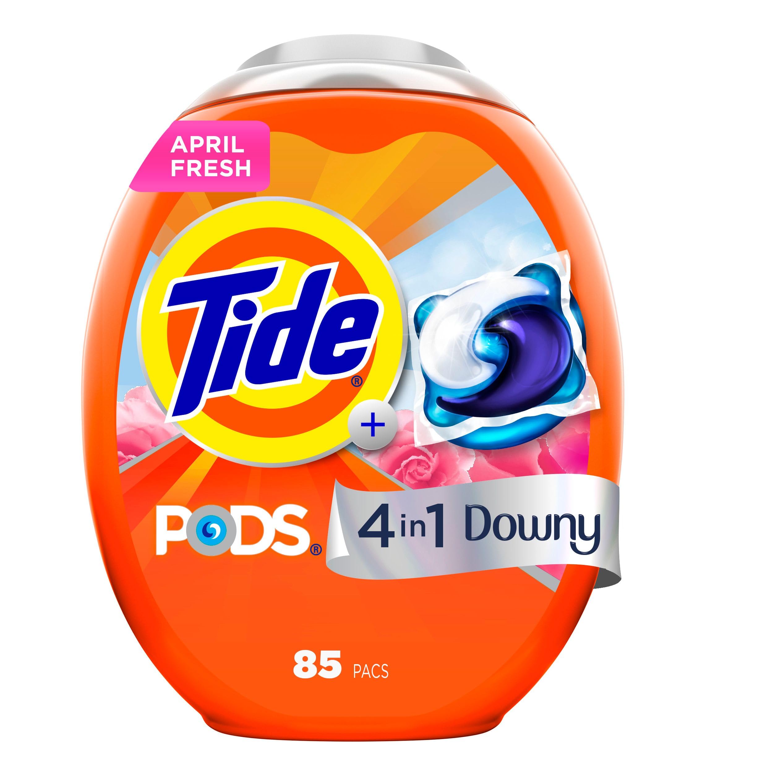 Tide PODS paquete frontal mostrando 85 pacs y beneficio de conveniencia