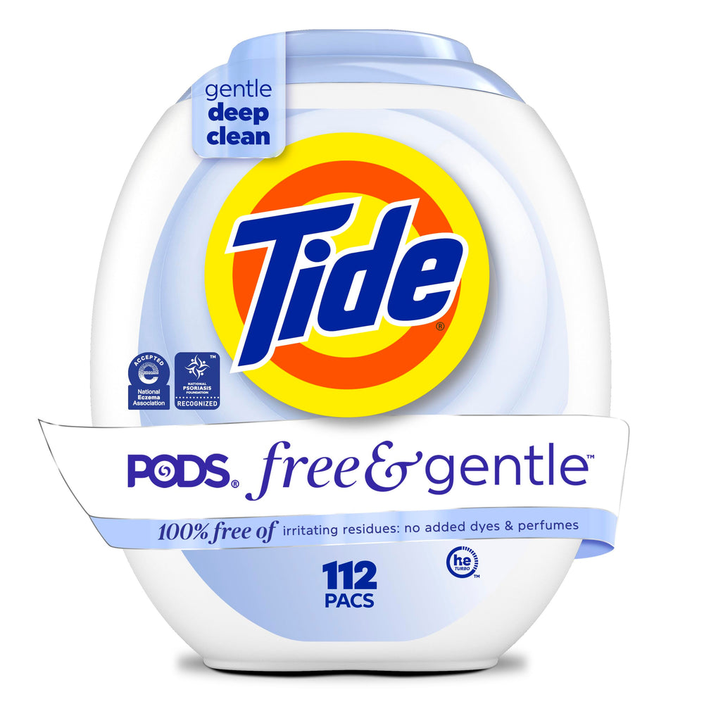 Tide cápsulas caja frontal mostrando 112 unidades y conveniencia