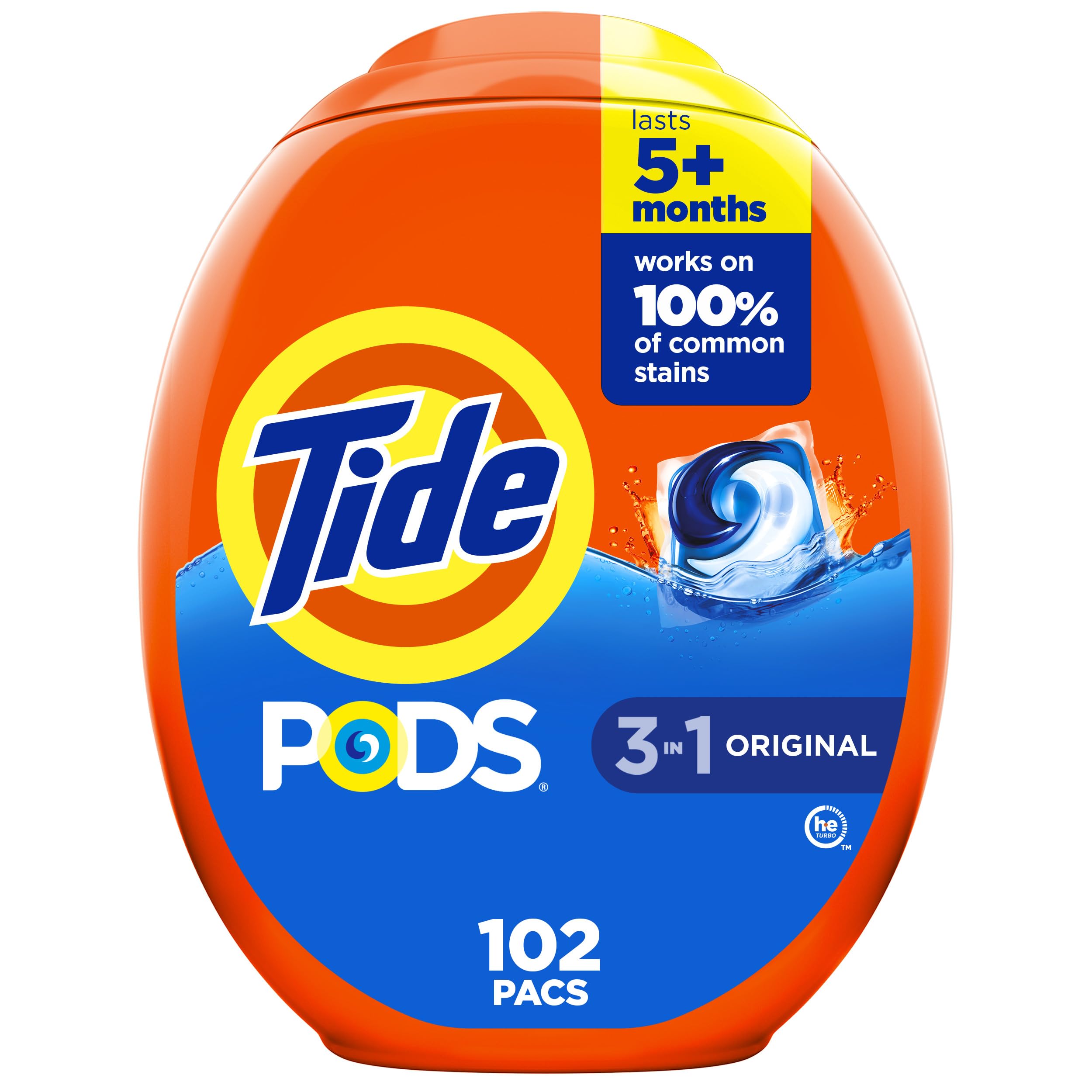 Tide mostrando frente del empaque y cantidad 102 para almacenamiento práctico