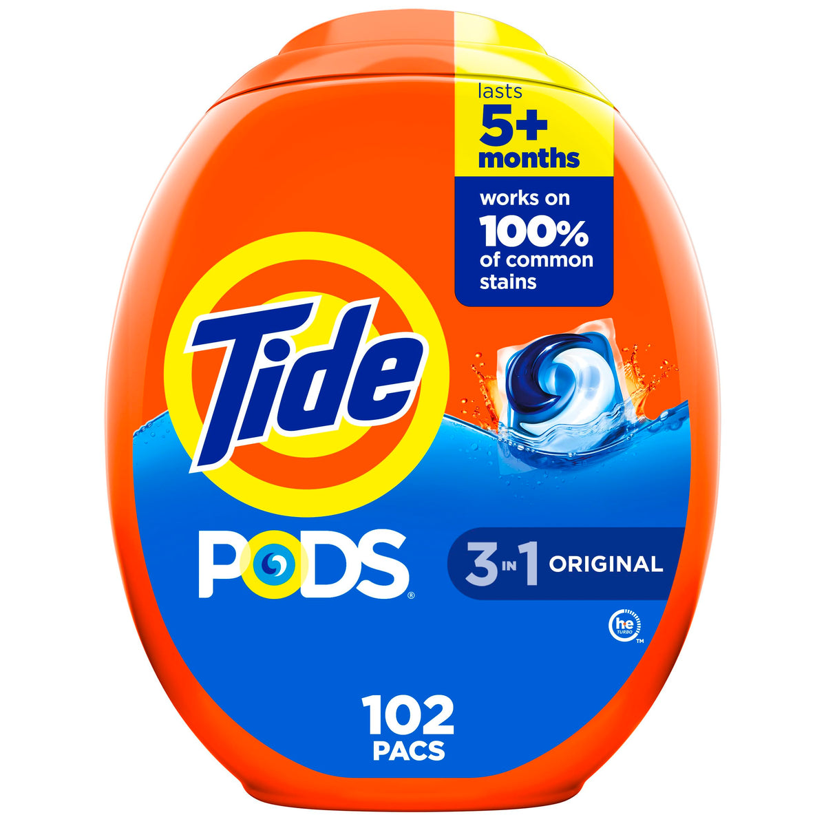 Tide mostrando frente del empaque y cantidad 102 para almacenamiento práctico