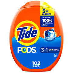 Tide mostrando frente del empaque y cantidad 102 para almacenamiento práctico