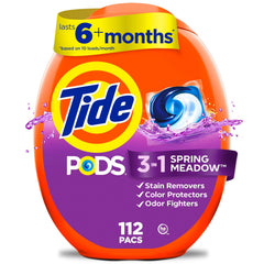 Tide envase frontal mostrando 112 cápsulas y conveniencia