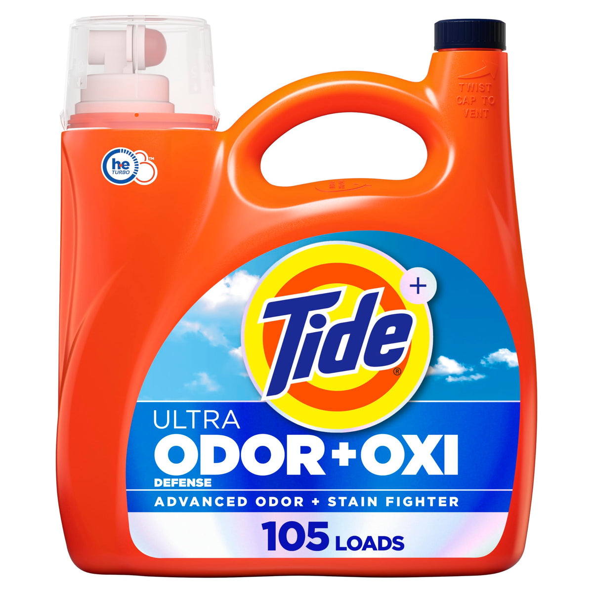 Tide envase frontal grande mostrando rendimiento y beneficio de limpieza
