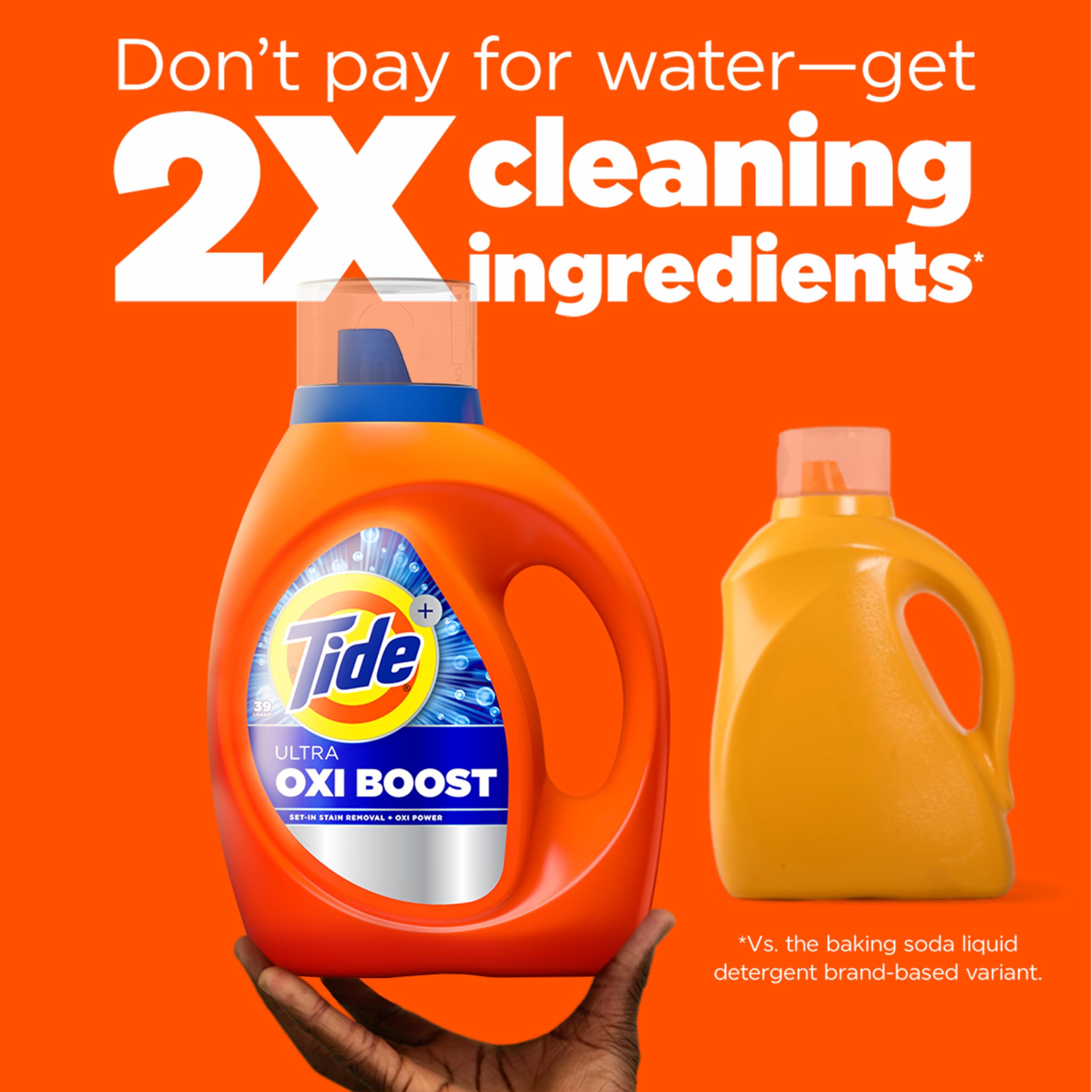 Tide envase junto a objetos para comparar la capacidad 132 fl oz