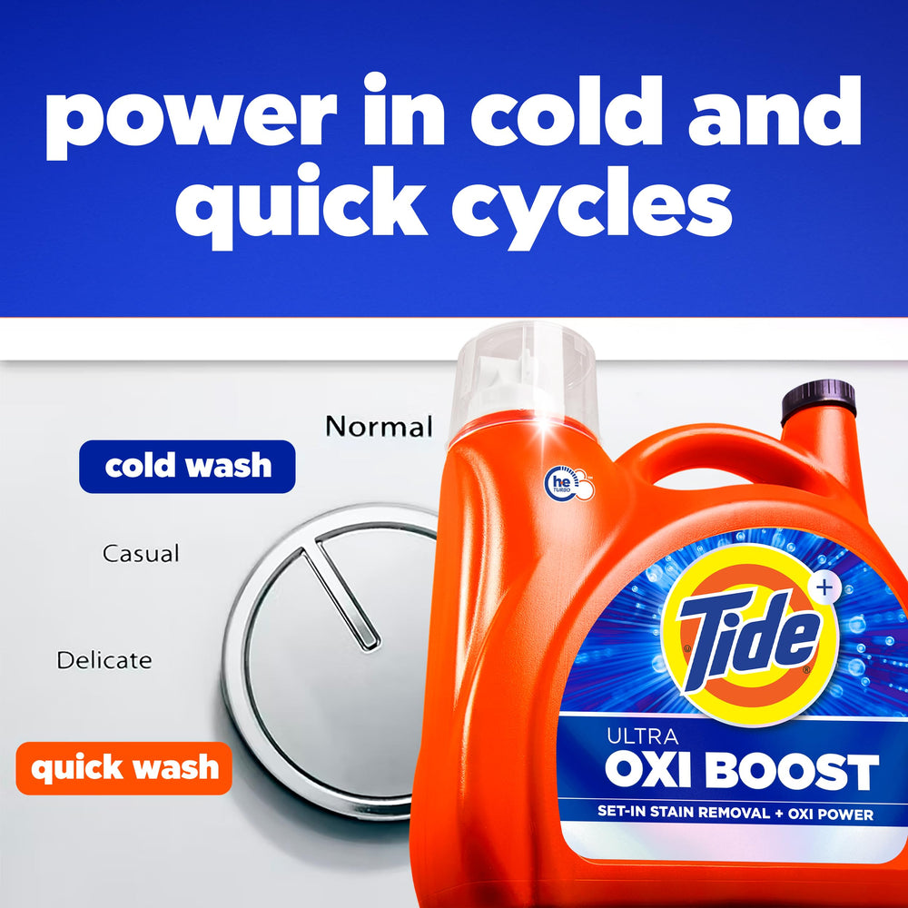 Botella Tide Ultra Oxi Boost en una lavandería doméstica bien iluminada