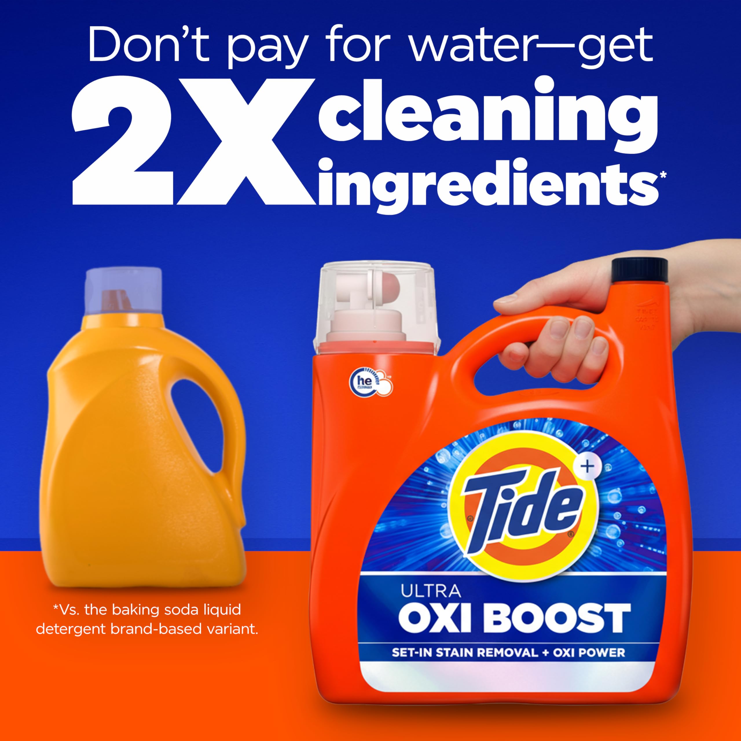 Botella Tide Ultra Oxi Boost junto a una lavadora en proceso de carga
