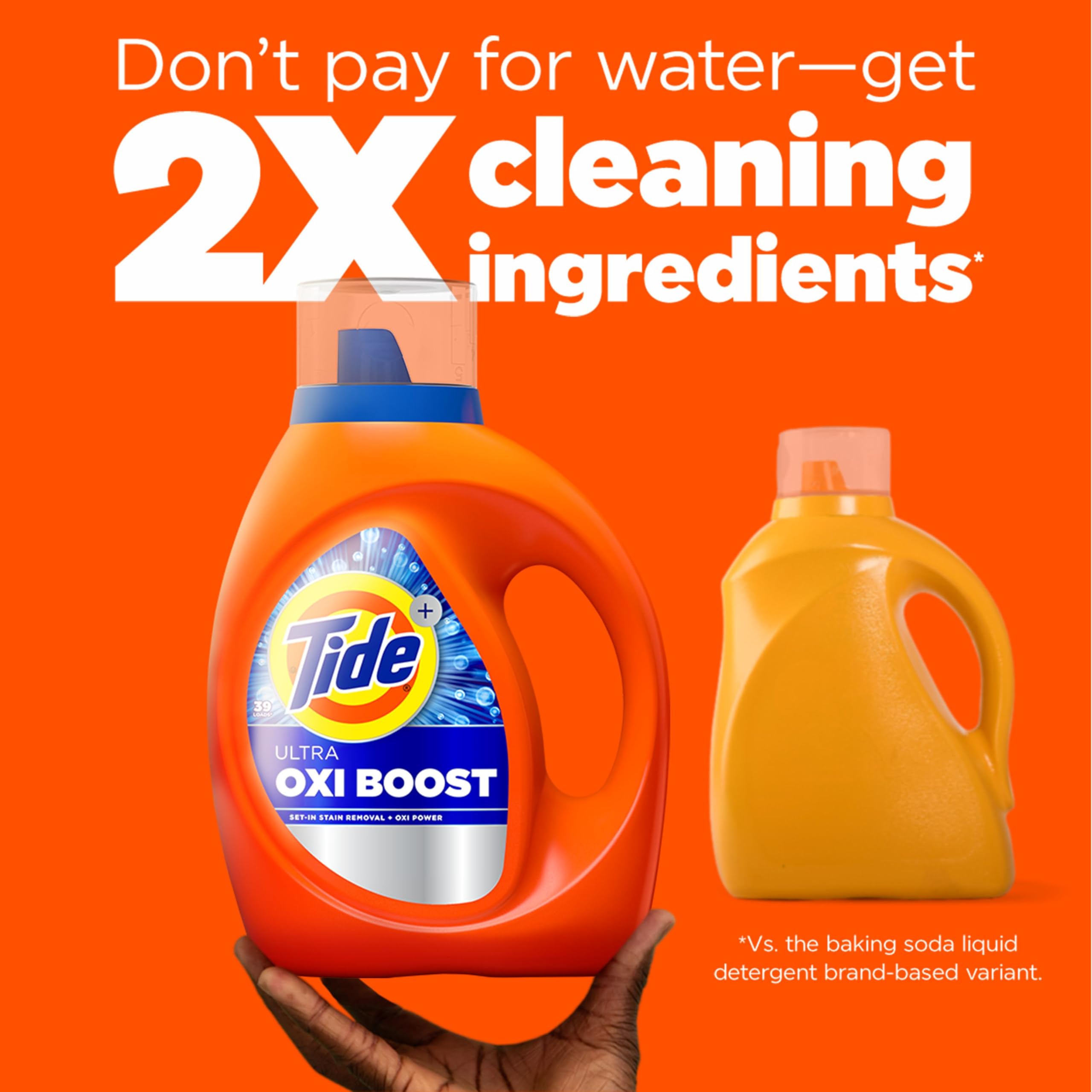 Tide Ultra Oxi next to a gallon jug to show 84 fl oz size and value benefit