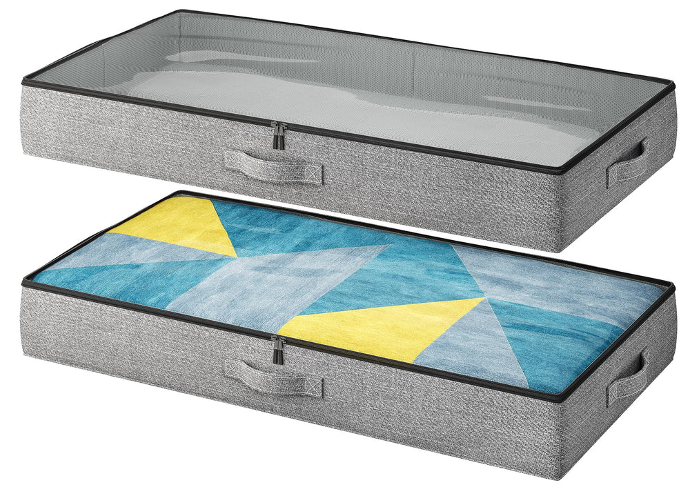 TidyCorner front view of two grey low-profile under-bed storage containers shows neat stackable storage