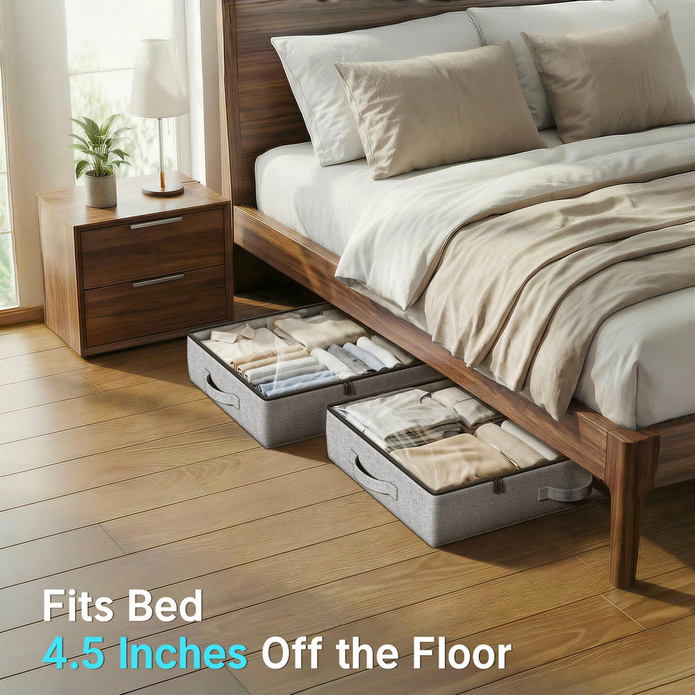 TidyCorner under-bed placement view highlights slim 4.5 inch profile saving bedroom space