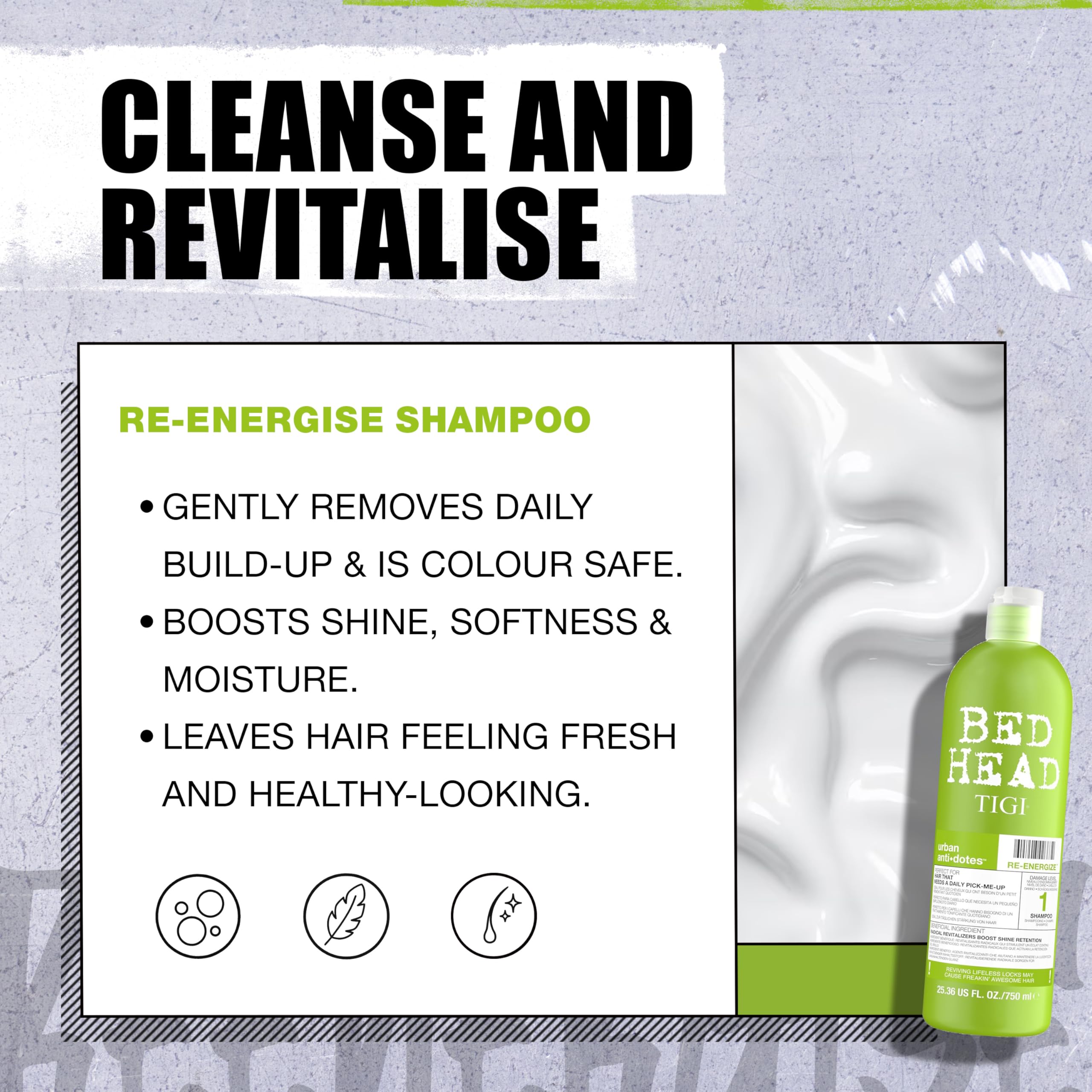 TIGI Bed Head champú y acondicionador en uso durante la ducha, facilita peinado