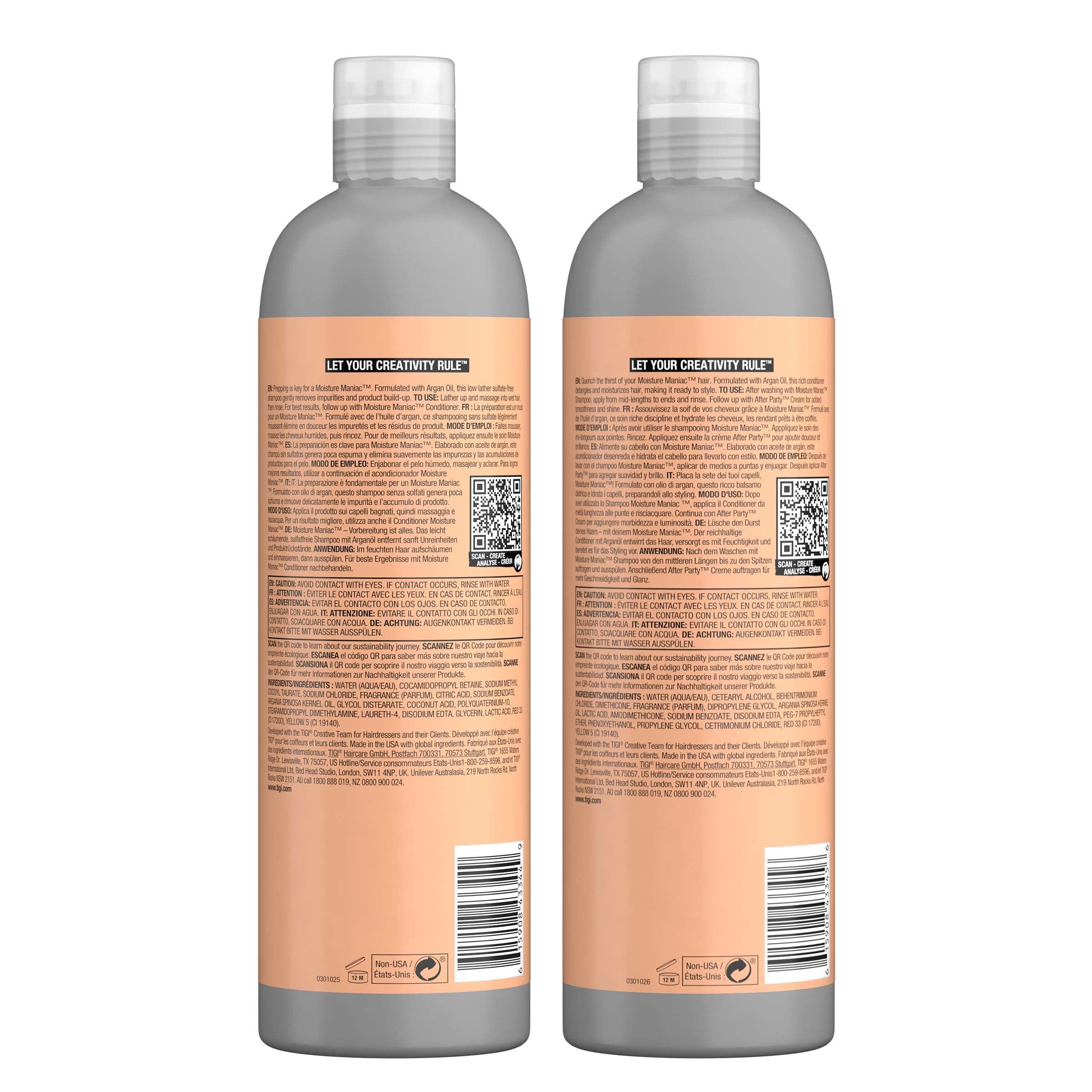 TIGI Moisture Maniac etiqueta con ingredientes clave y beneficios