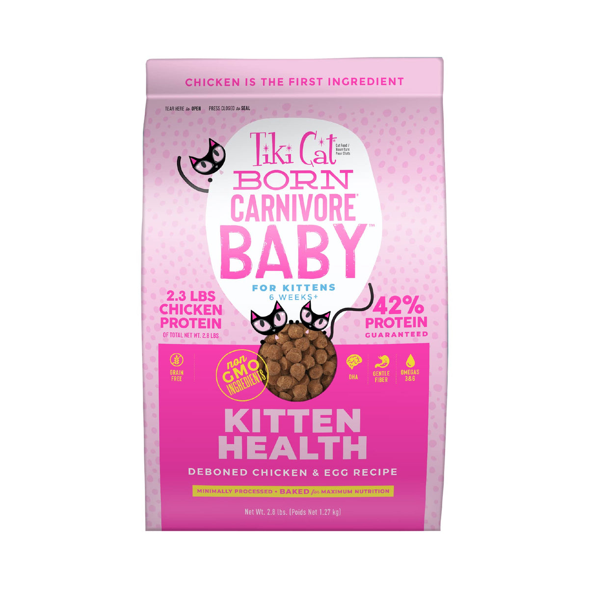 TIKI PETS paquete frontal mostrando nombre y ingredientes principales