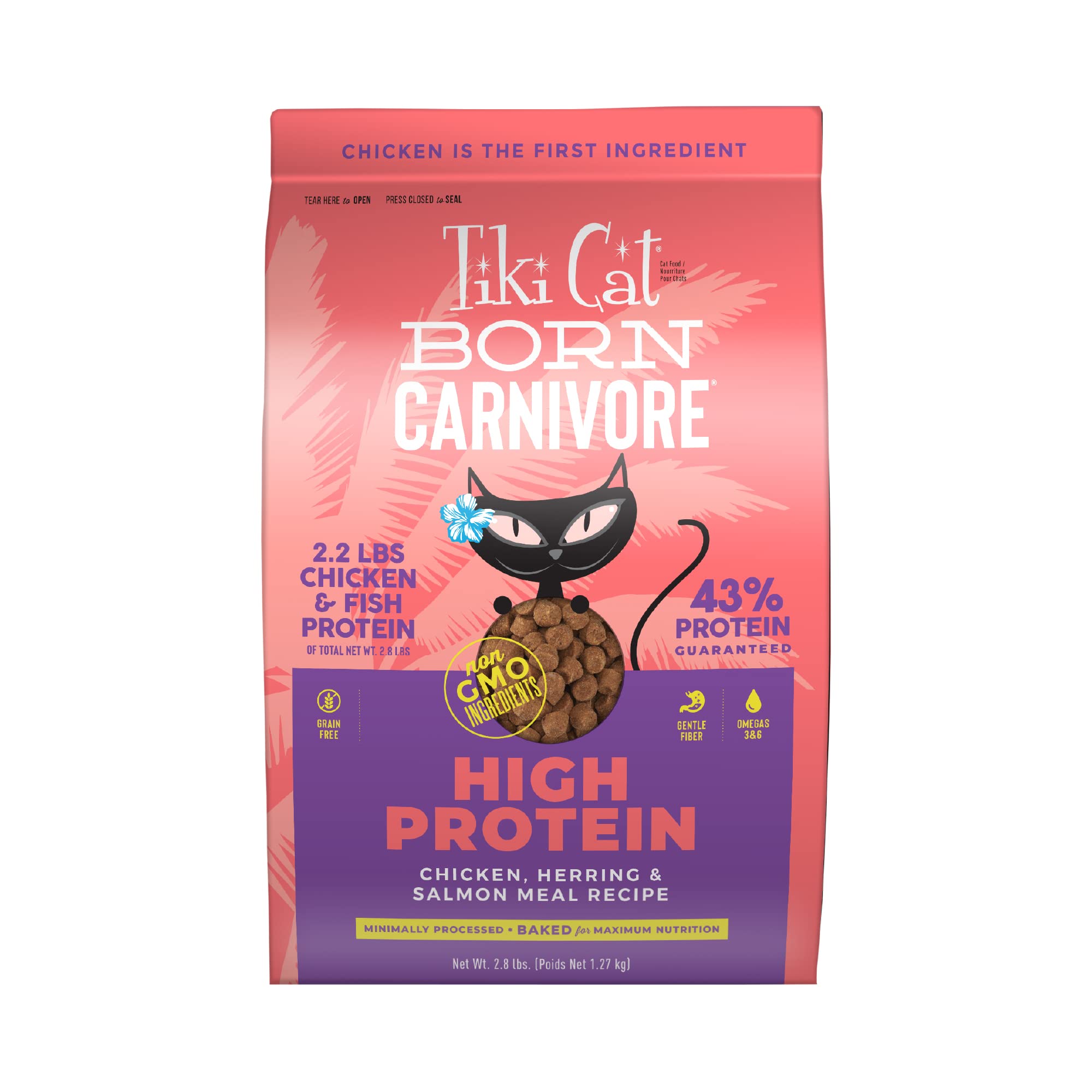 Tiki Cat paquete frontal mostrando la fórmula alta en proteína y beneficio nutricional