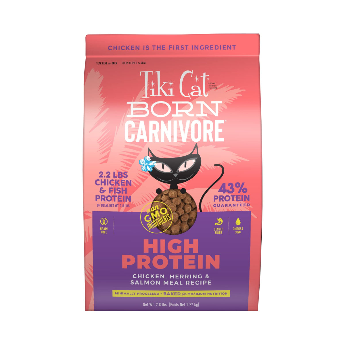 Tiki Cat paquete frontal mostrando la fórmula alta en proteína y beneficio nutricional