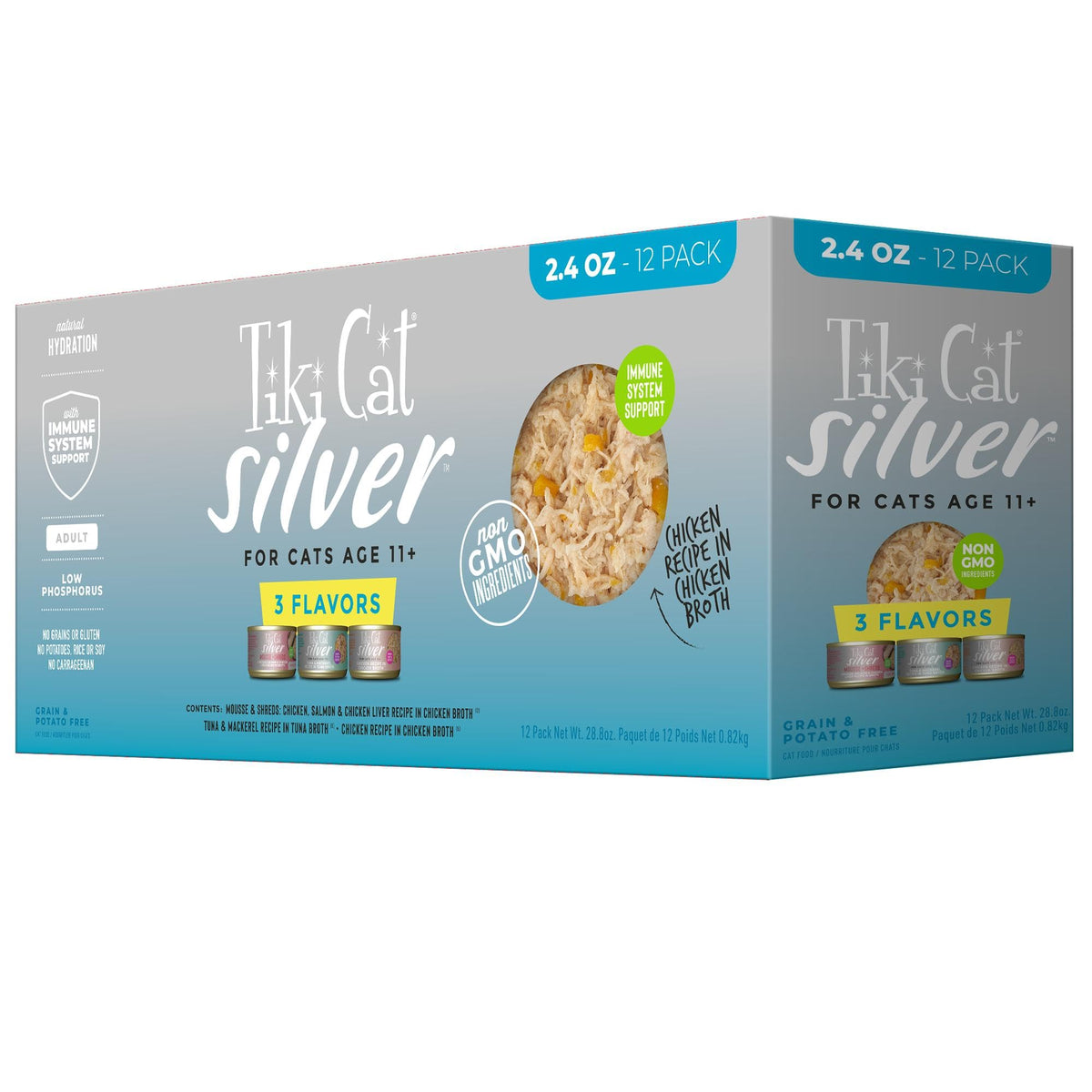 Tiki Cat pack frontal mostrando latas variadas y beneficios de proteína