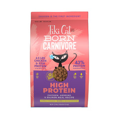 TIKI PETS vista frontal del paquete Born Carnivore mostrando ingredientes principales