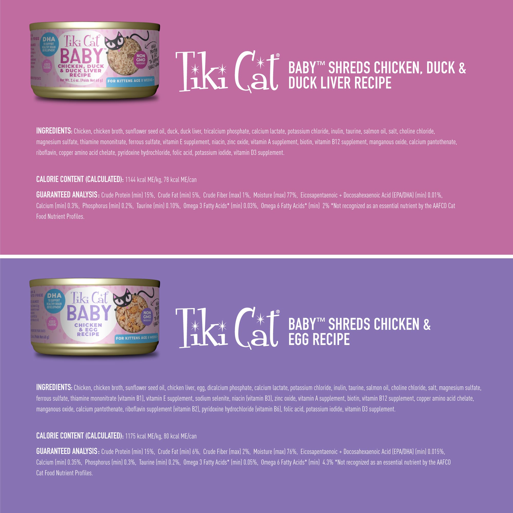 TIKI PETS etiqueta nutricional de Tiki Cat Baby con nutrientes clave visibles