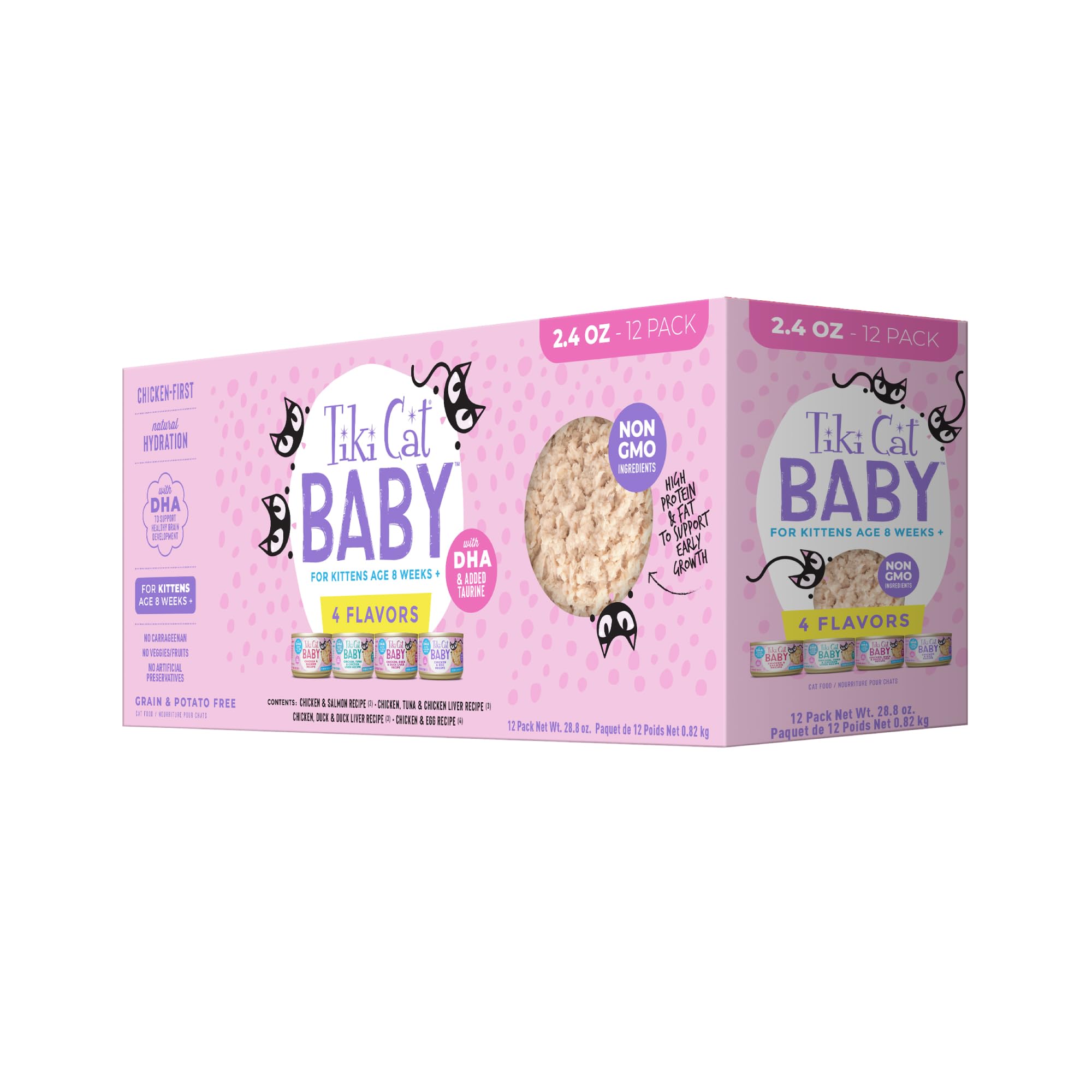 TIKI PETS vista frontal del paquete Tiki Cat Baby pack variado mostrando latas