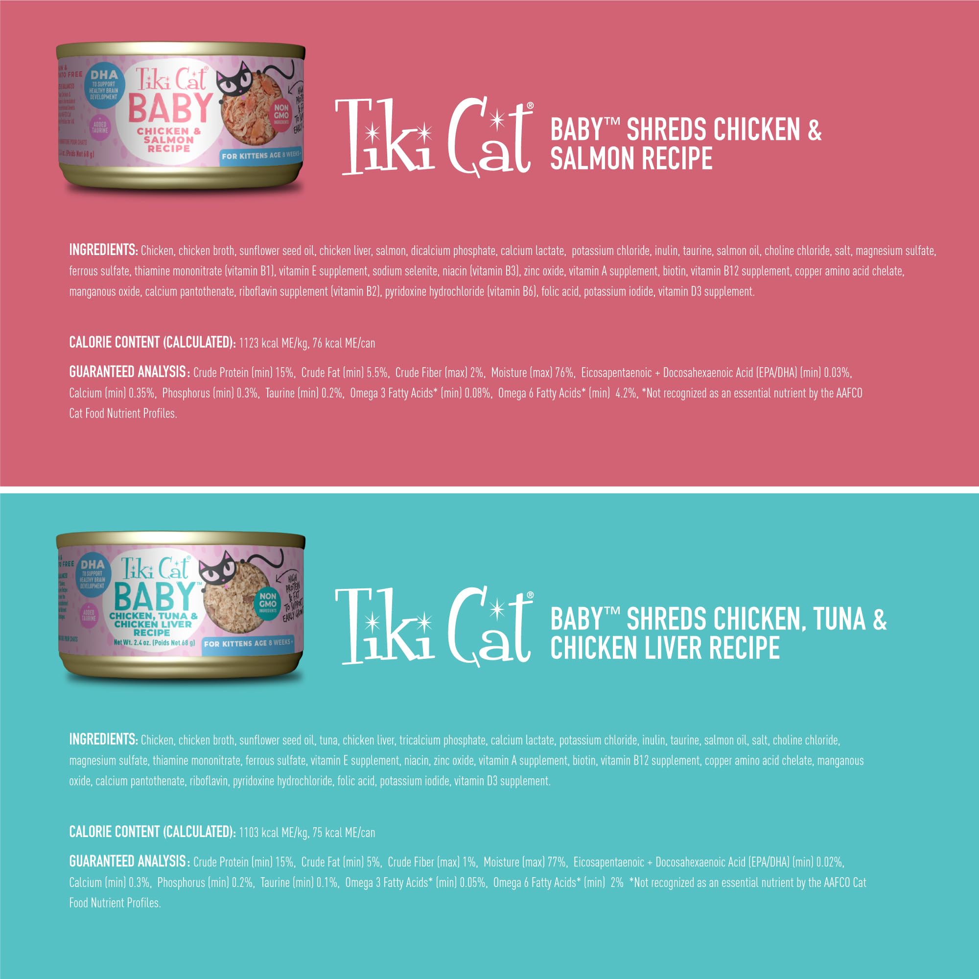 TIKI PETS textura interna de la lata Tiki Cat Baby hebras jugosas fáciles de masticar