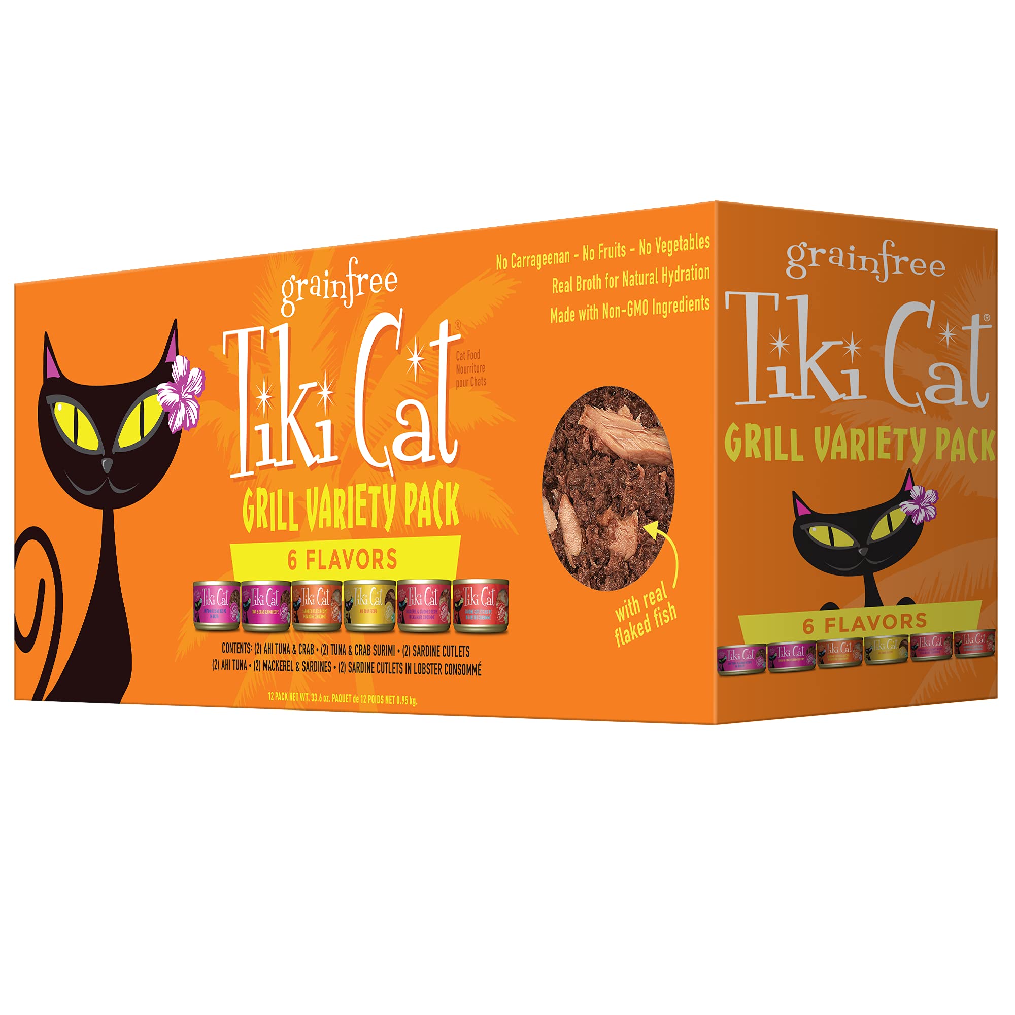 TIKI PETS front packaging of Tiki Cat Grill variety pack shows cans and branding, enticing choice