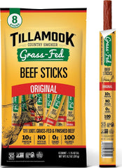 TILLAMOOK COUNTRY SMOKER palitos frente mostrando paquete y etiqueta, conveniencia inmediata