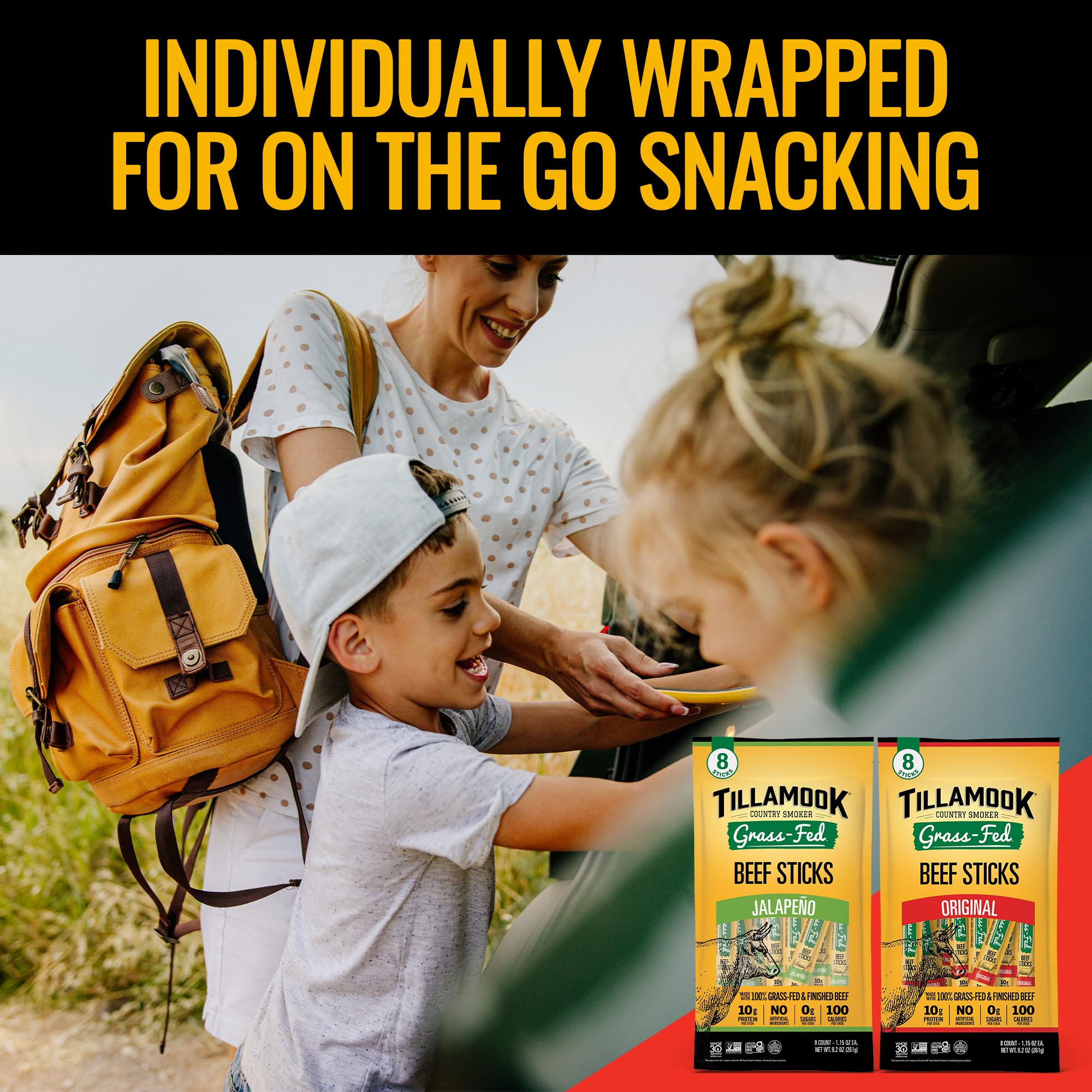 TILLAMOOK COUNTRY SMOKER palito en lonchera ilustrando accesorio proteico para viajes