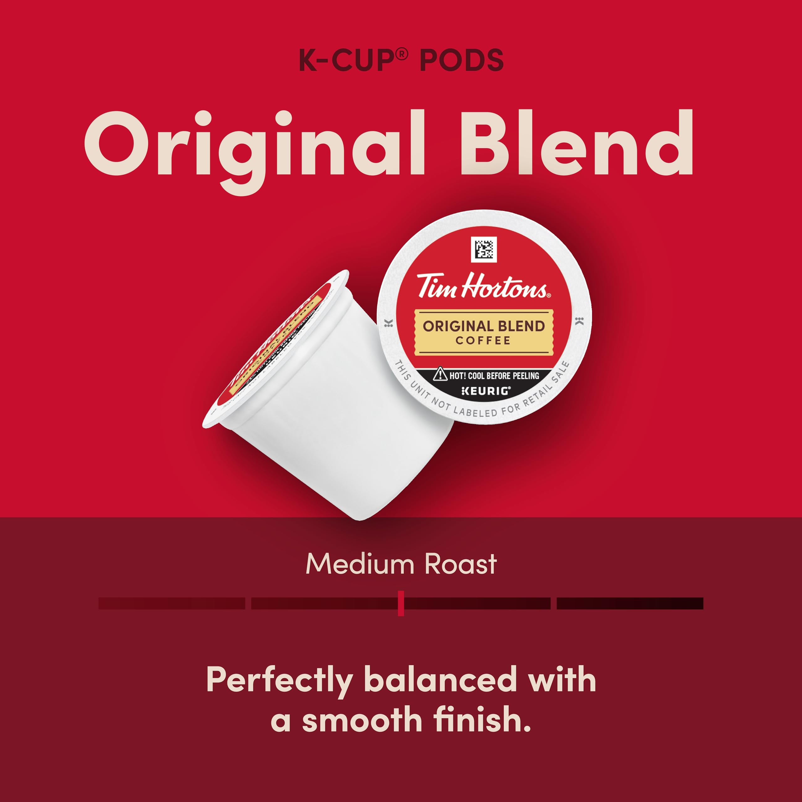 Close-up of Tim Hortons K-Cup pod top highlighting capsule design for consistent brewing