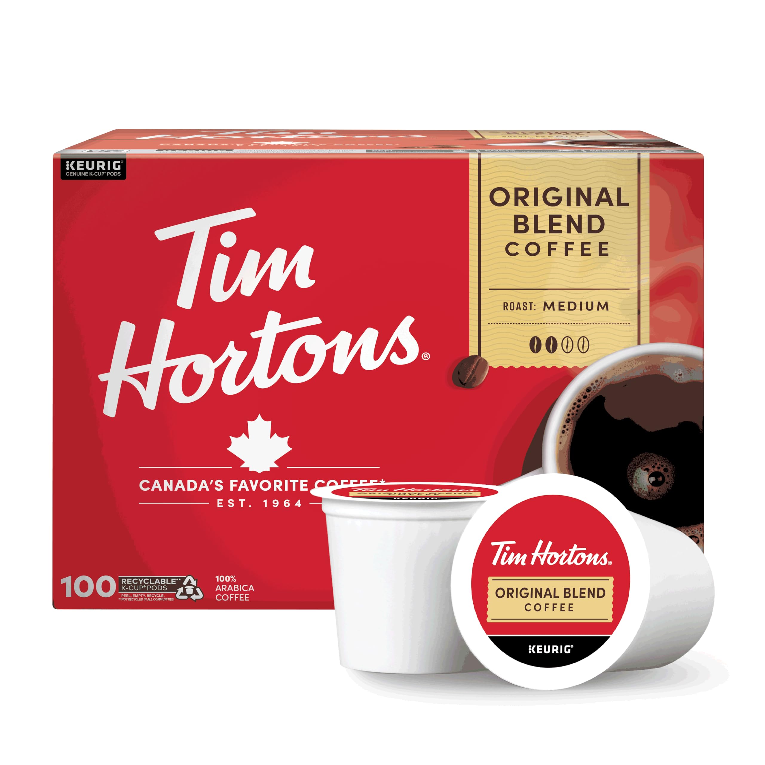 Tim Hortons front packaging showing 100-count K-Cups and easy storage benefit