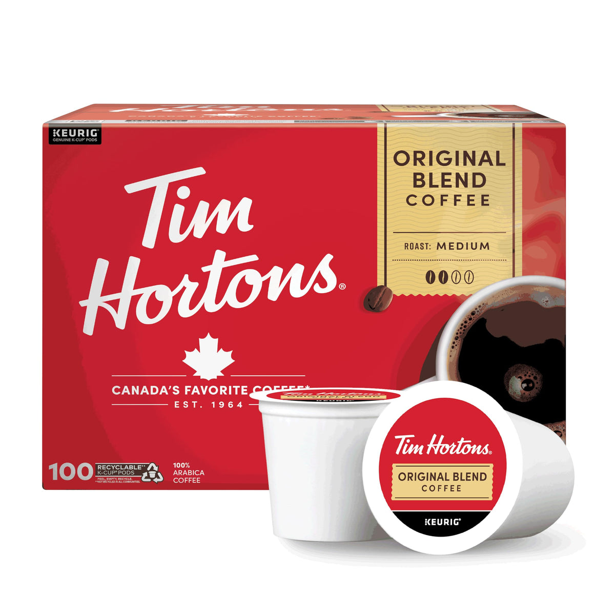 Tim Hortons front packaging showing 100-count K-Cups and easy storage benefit