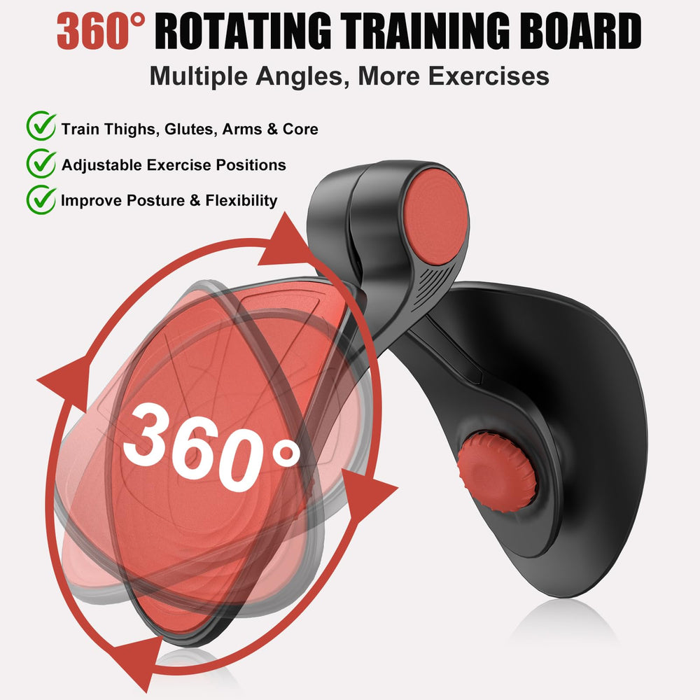 Tabla rotativa 360° TINRIEF mostrando ajuste de ángulo y variedad de ejercicios